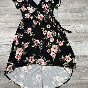 Fortune + Ivy faux-wrap hi-lo Floral Black Dress